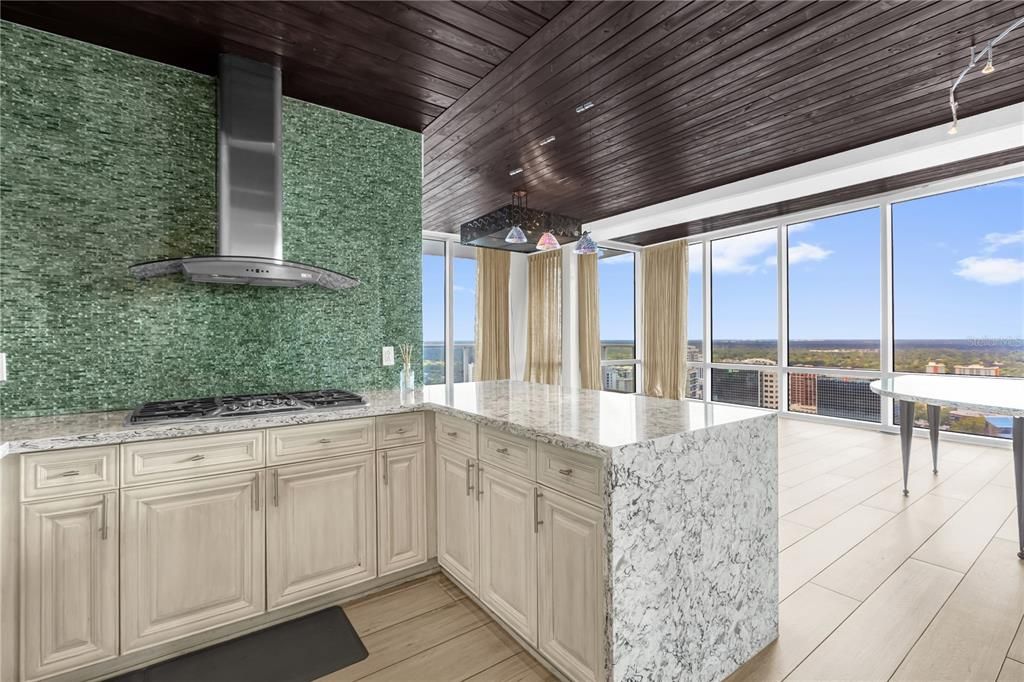 Interior, Kitchen, Recessed Lighting, Stainless Steel Appliances, Water, Wooden Ceilings, Wood Texture Flooring