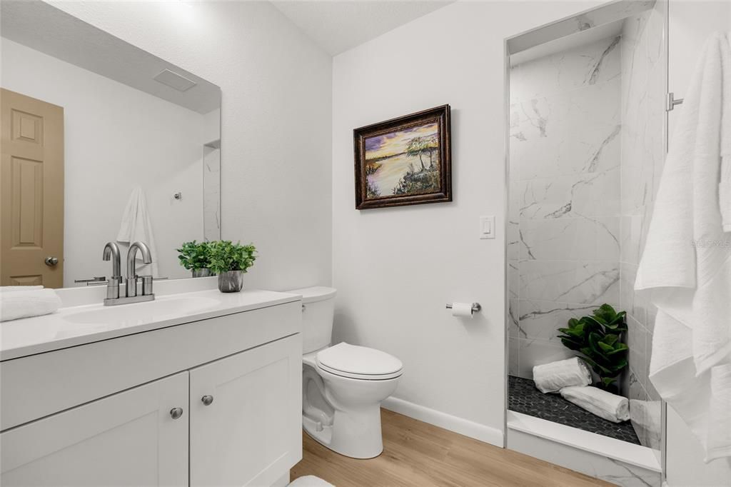 Bathroom, Interior, Marble Walls, Wood Texture Flooring