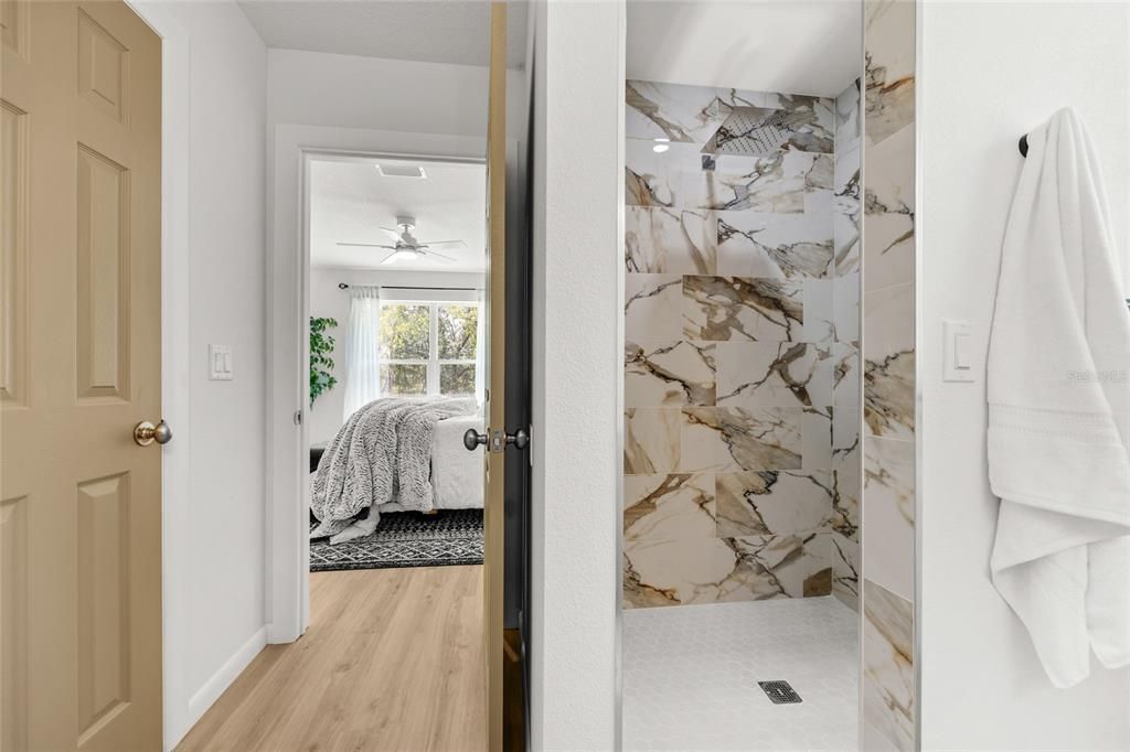 Bedroom, Interior, Marble Walls, Wood Texture Flooring