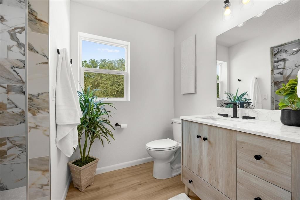 Bathroom, Interior, Marble Walls, Wood Texture Flooring