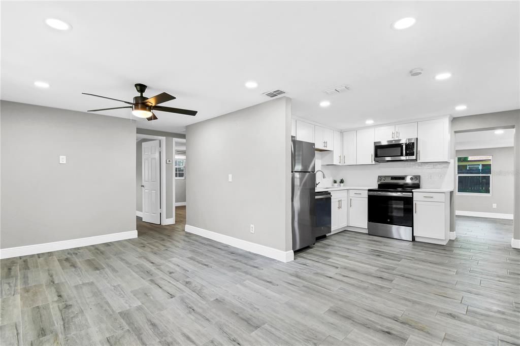 Interior, Kitchen, Recessed Lighting, Stainless Steel Appliances, Wood Texture Flooring