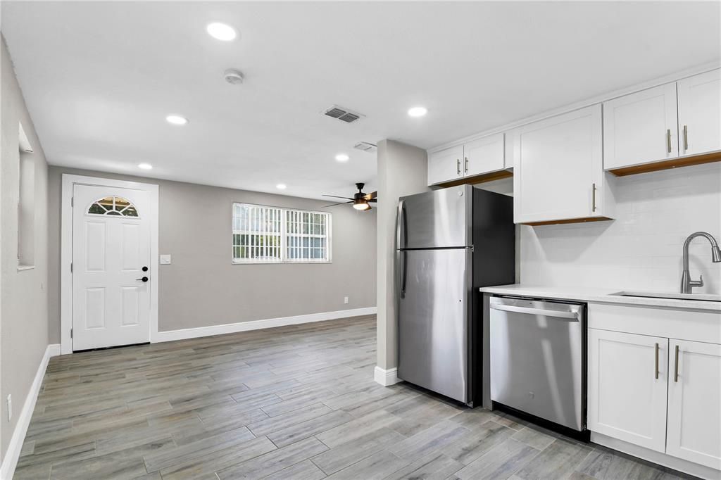 Interior, Kitchen, Recessed Lighting, Wood Texture Flooring