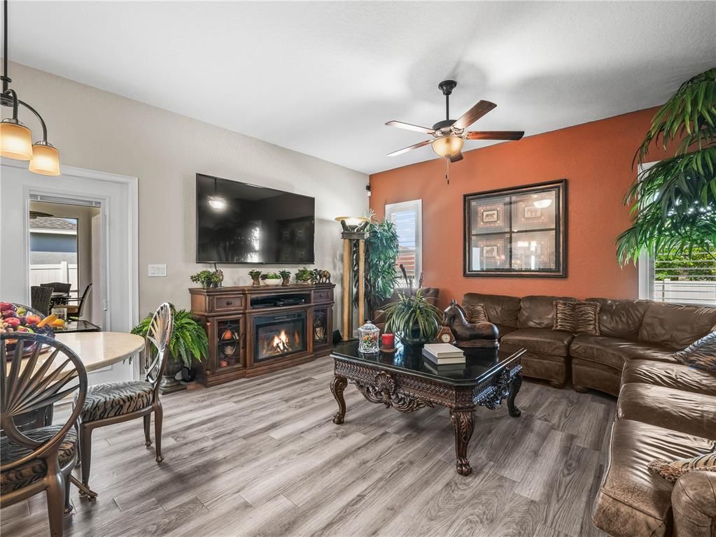 Fireplace, Interior, Living room, Pendant Lights, Wood Texture Flooring