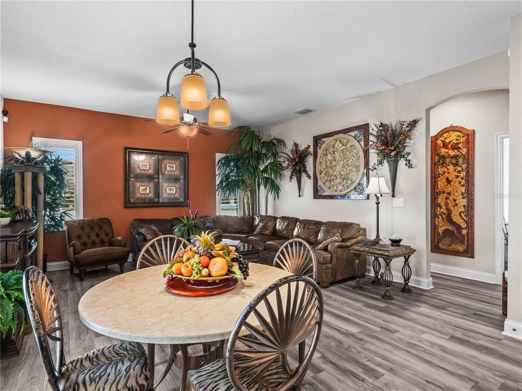Dining room, Interior, Living room, Pendant Lights, Wood Texture Flooring