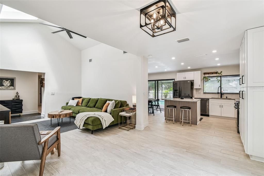 Interior, Kitchen, Living room, Pendant Lights, Recessed Lighting, Wood Texture Flooring