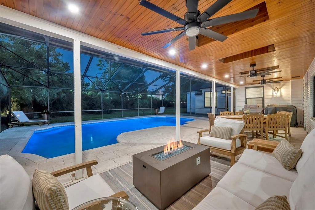 Dining room, Interior, Living room, Pool, Recessed Lighting, Sun Room, Wooden Ceilings