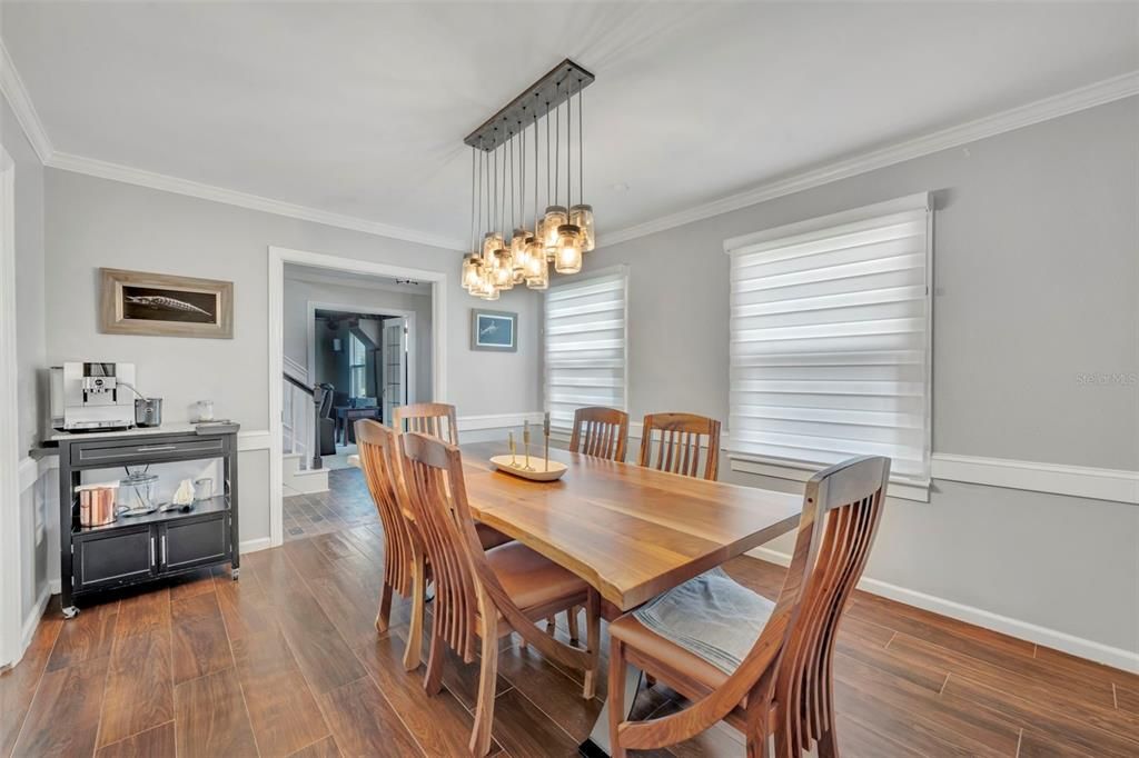 Dining room, Interior, Pendant Lights, Wood Texture Flooring