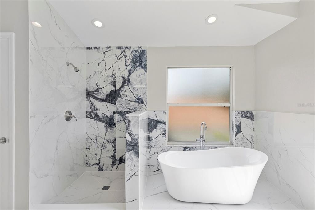 Bathroom, Free Standing Baths, Interior, Marble, Marble Walls, Recessed Lighting