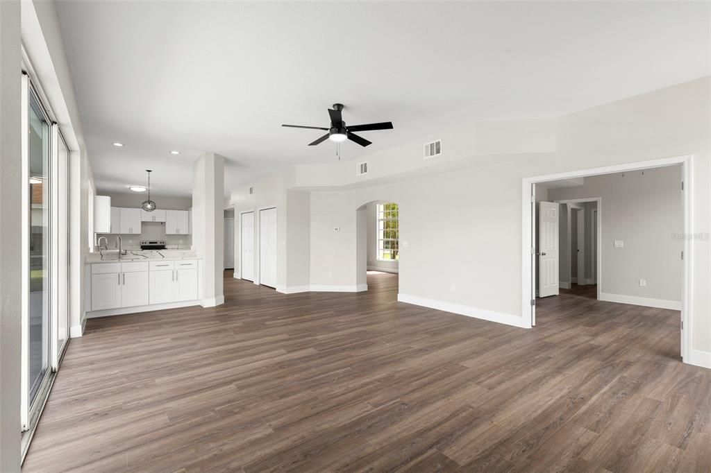 Empty room, Interior, Kitchen, Pendant Lights, Recessed Lighting, Wood Texture Flooring