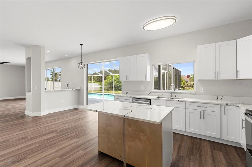 Interior, Kitchen, Pendant Lights, Recessed Lighting, Wood Texture Flooring