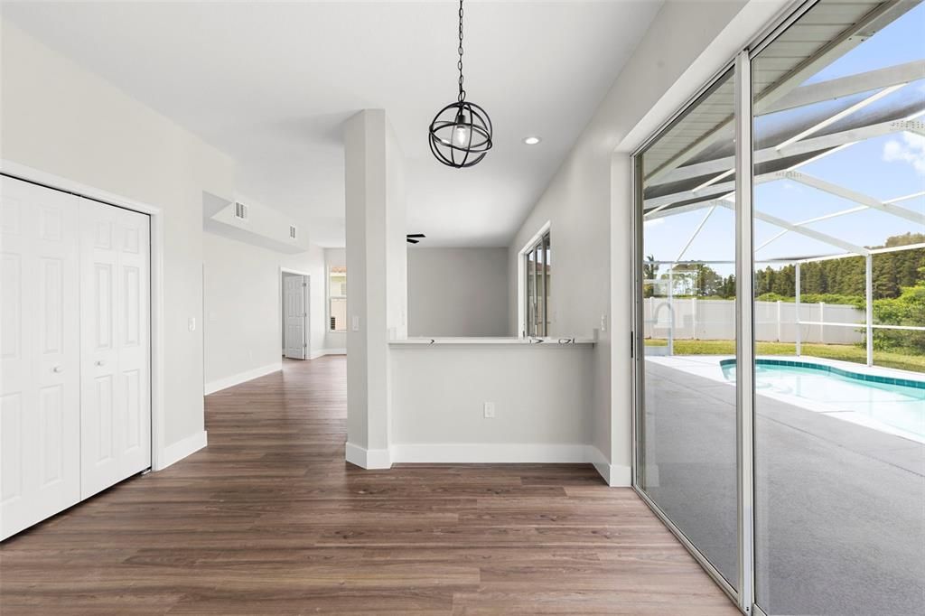 Glass Ceilings, Interior, Pendant Lights, Recessed Lighting, Sun Room, Wood Texture Flooring
