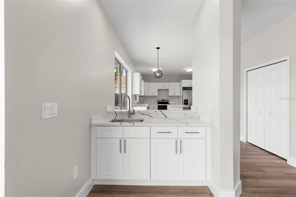 Interior, Kitchen, Pendant Lights, Stainless Steel Appliances, Wood Texture Flooring