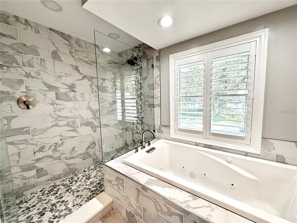 Bathroom, Glass Shower, Interior, Marble Walls, Recessed Lighting