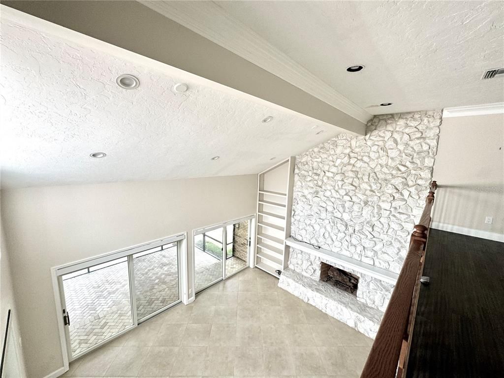 Fireplace, Interior, Recessed Lighting, Stone Walls