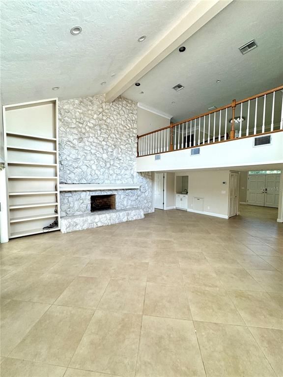 Fireplace, Interior, Recessed Lighting, Stone Walls
