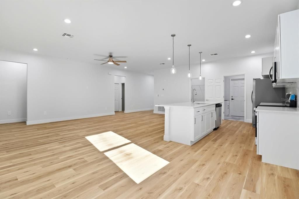Interior, Kitchen, Pendant Lights, Recessed Lighting, Wood Texture Flooring