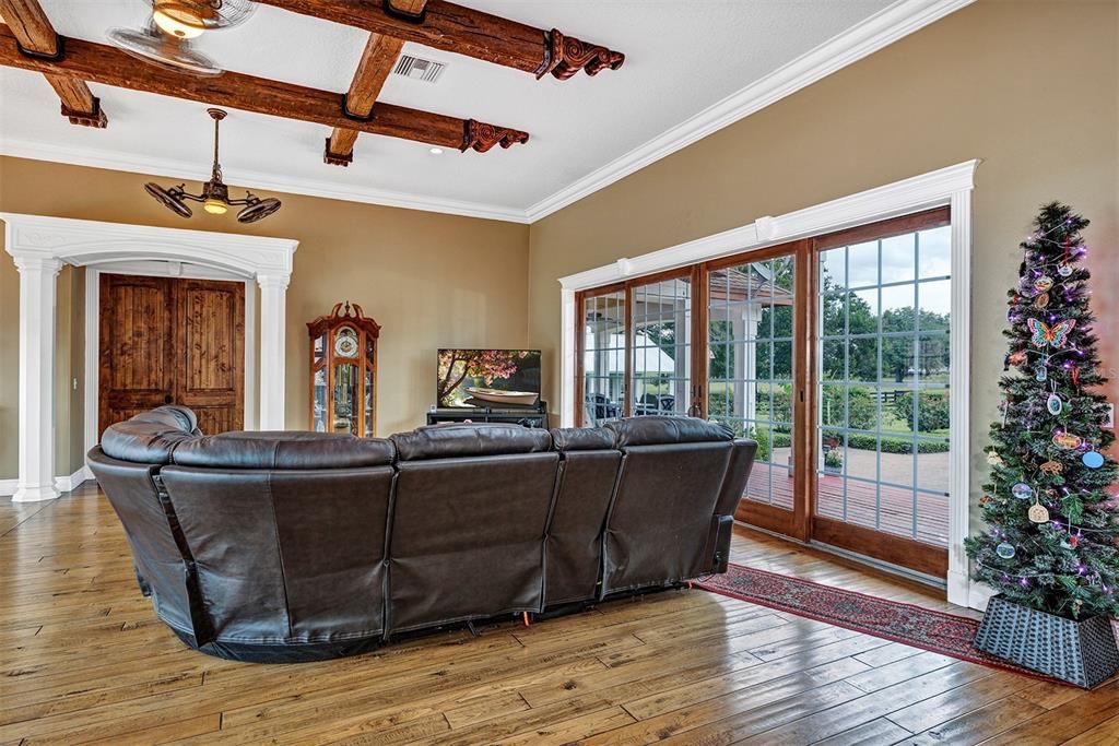 Home Theatre Room, Interior, Living room, Wooden Beams, Wood Texture Flooring