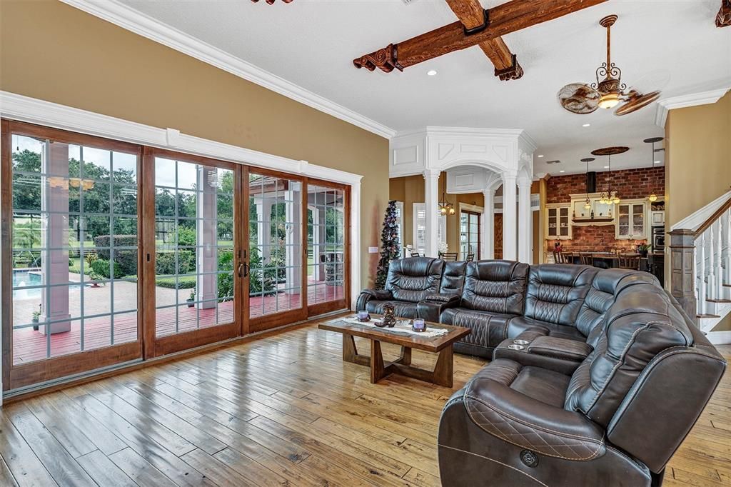 Interior, Living room, Recessed Lighting, Wooden Beams, Wood Texture Flooring
