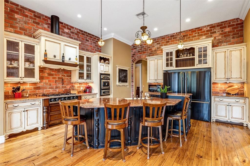 Interior, Kitchen, Pendant Lights, Recessed Lighting, Stone Walls, Wood Texture Flooring