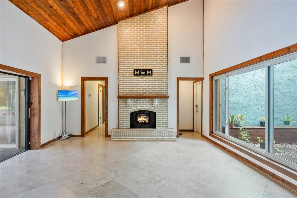 Fireplace, Interior, Recessed Lighting, Stone Walls, Wooden Ceilings