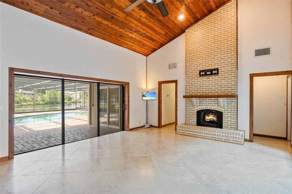 Fireplace, Interior, Recessed Lighting, Stone Walls, Wooden Ceilings