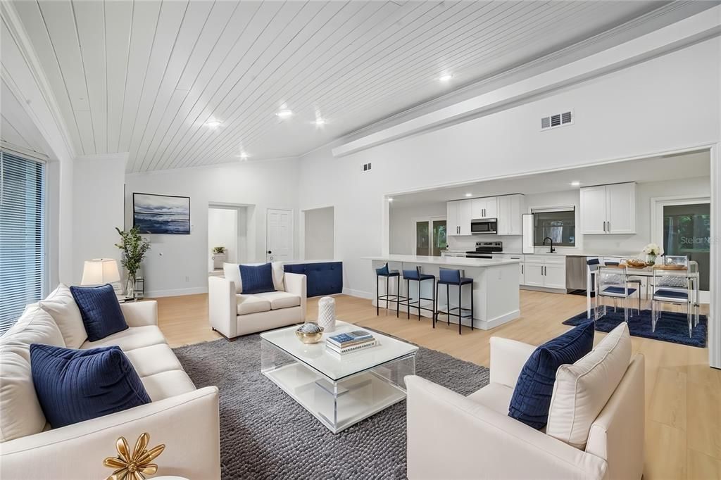 Dining room, Interior, Kitchen, Living room, Recessed Lighting, Stainless Steel Appliances, Wood Texture Flooring