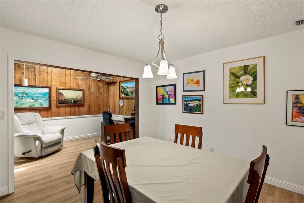 Dining room, Interior, Pendant Lights, Wood Texture Flooring, Wooden Walls
