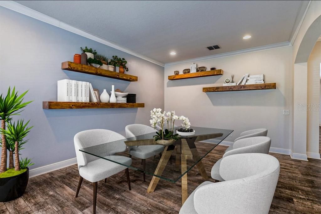 Dining room, Interior, Recessed Lighting, Wood Texture Flooring