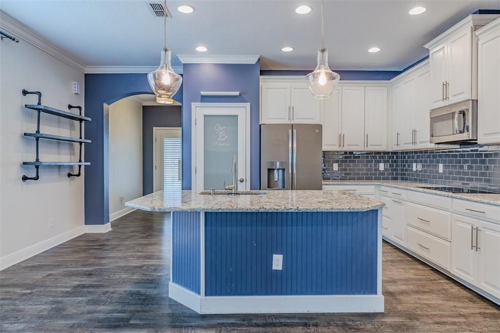 Interior, Kitchen, Pendant Lights, Recessed Lighting, Stainless Steel Appliances, Wood Texture Flooring