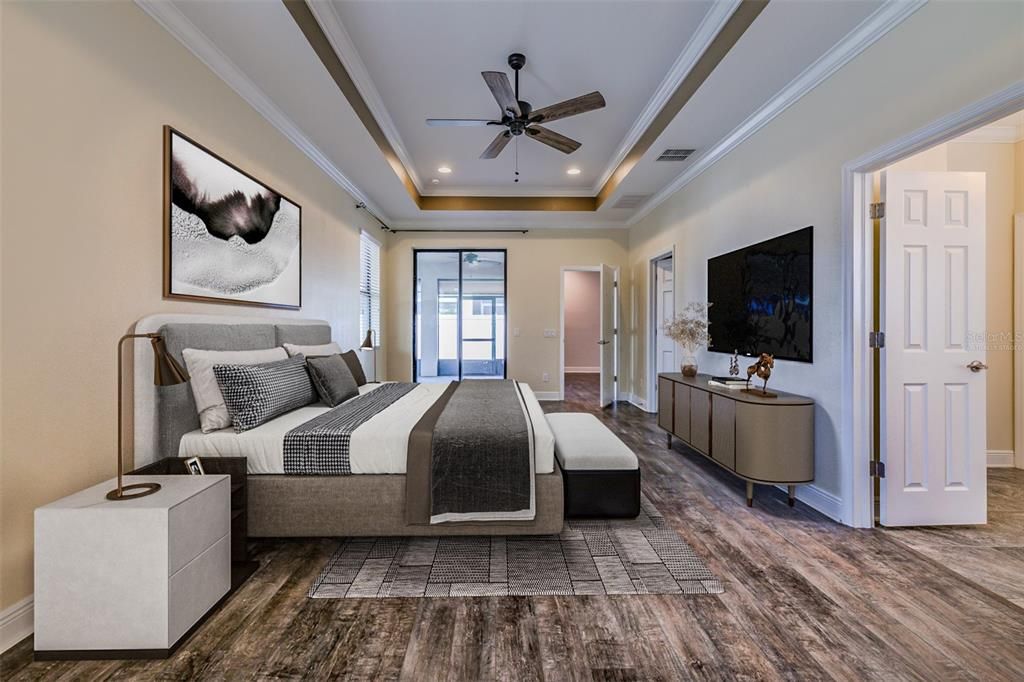 Bedroom, Interior, Recessed Lighting, Wood Texture Flooring