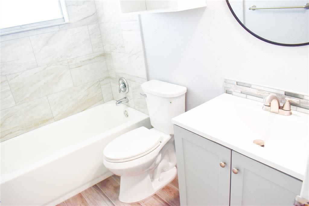 Bathroom, Interior, Marble Walls, Wood Texture Flooring