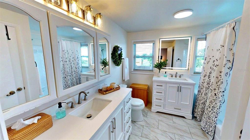Bathroom, Dual Sink Vanities, Interior, Marble, Recessed Lighting, Water