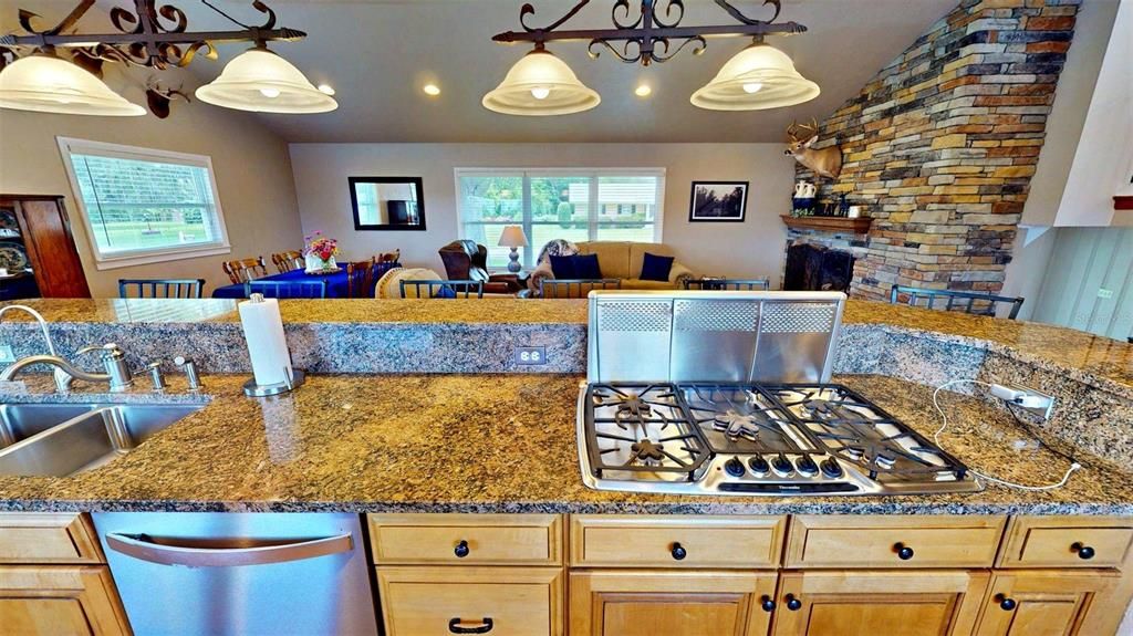 Fireplace, Interior, Kitchen, Living room, Pendant Lights, Recessed Lighting, Stone Walls