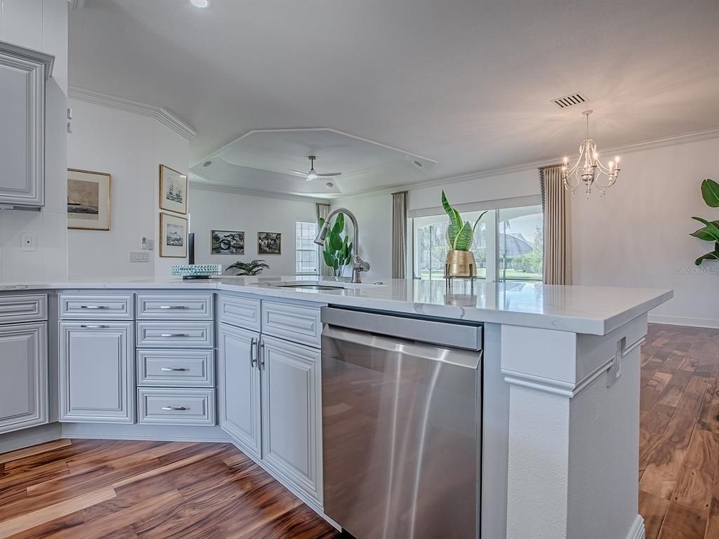 Chandelier, Interior, Kitchen, Recessed Lighting, Stainless Steel Appliances, Wood Texture Flooring