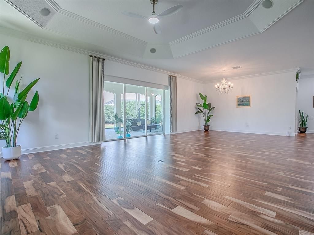 Chandelier, Empty room, Interior, Wood Texture Flooring