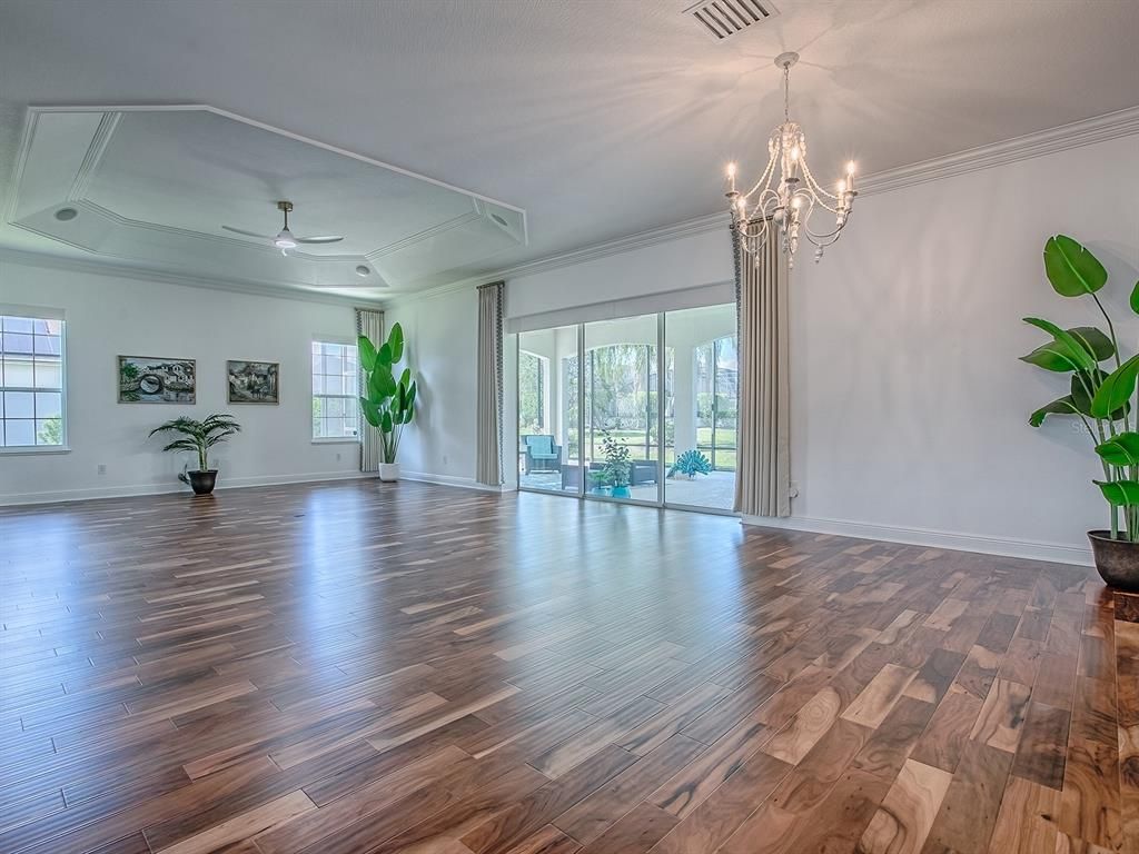 Chandelier, Empty room, Interior, Recessed Lighting, Wood Texture Flooring