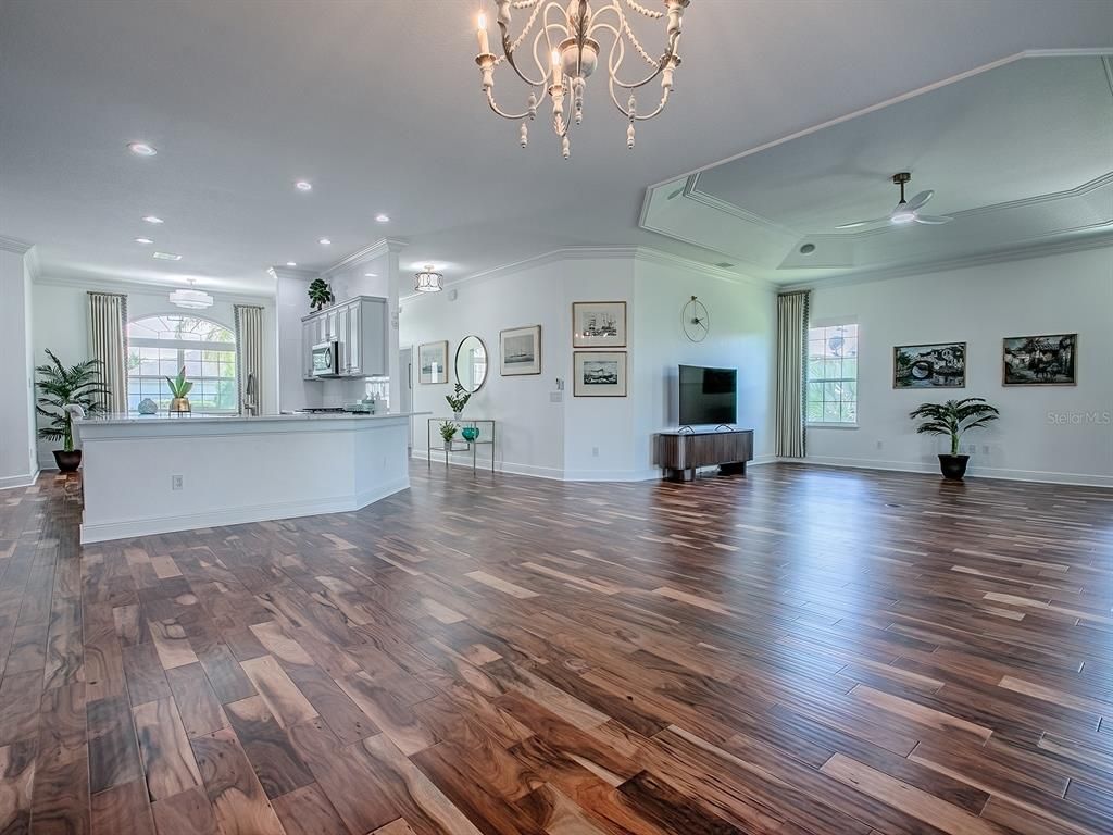 Chandelier, Empty room, Interior, Recessed Lighting, Wood Texture Flooring