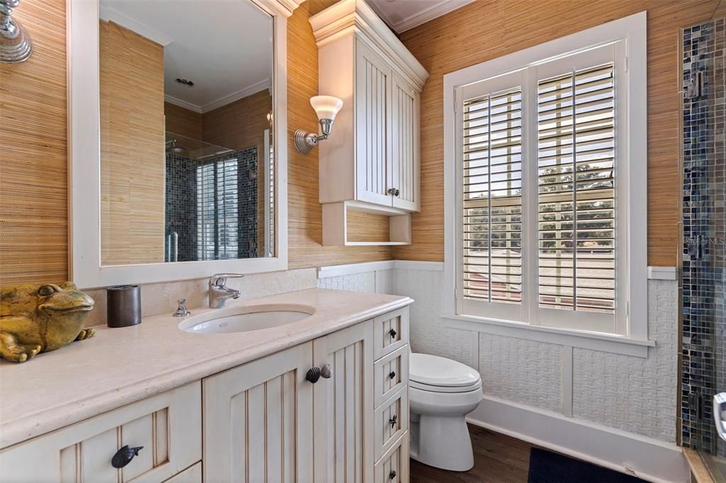 Bathroom, Glass Shower, Interior, Wood Texture Flooring