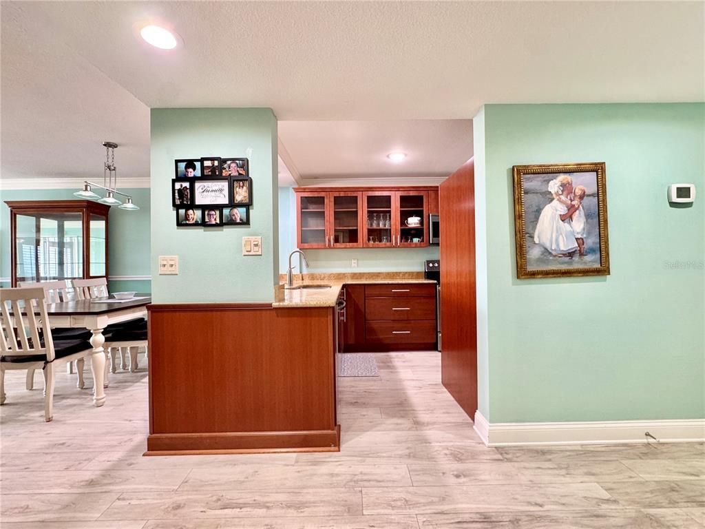 Dining room, Interior, Pendant Lights, Recessed Lighting, Wood Texture Flooring