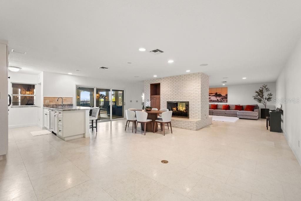 Dining room, Fireplace, Interior, Kitchen, Living room, Recessed Lighting