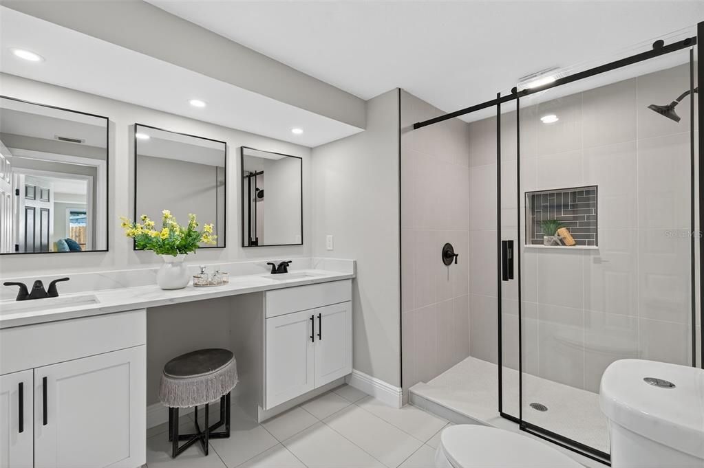 Bathroom, Dual Sink Vanities, Glass Shower, Interior, Recessed Lighting