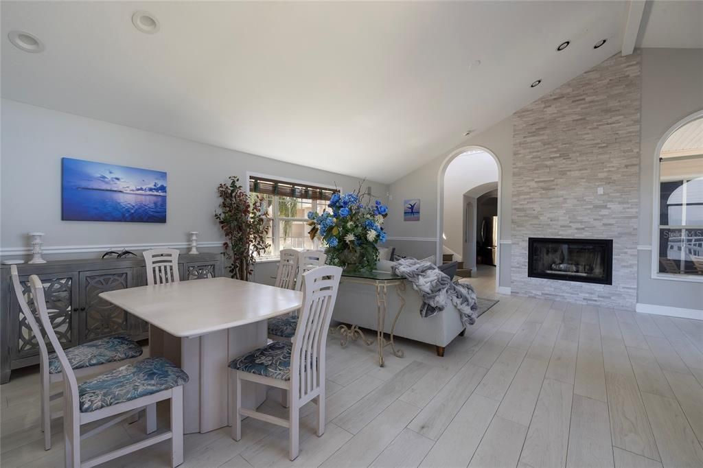 Dining room, Fireplace, Interior, Stone Walls, Wood Texture Flooring
