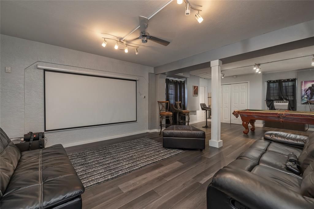 Billiard Table, Game Room, Interior, Projection Screen, Wood Texture Flooring