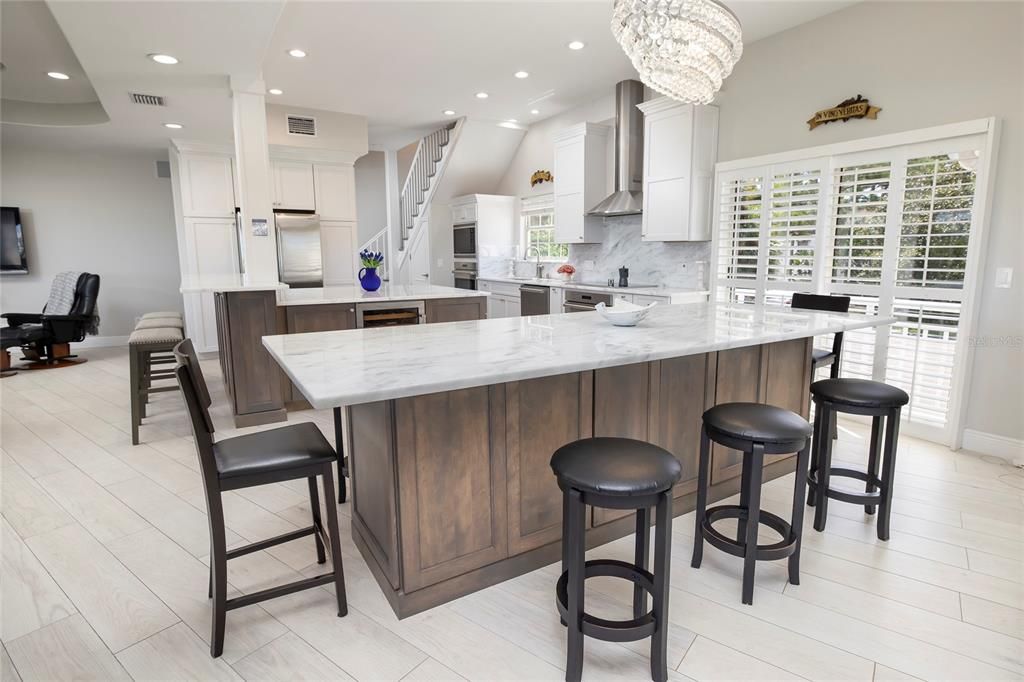 Chandelier, Interior, Kitchen, Recessed Lighting, Stainless Steel Appliances, Wood Texture Flooring