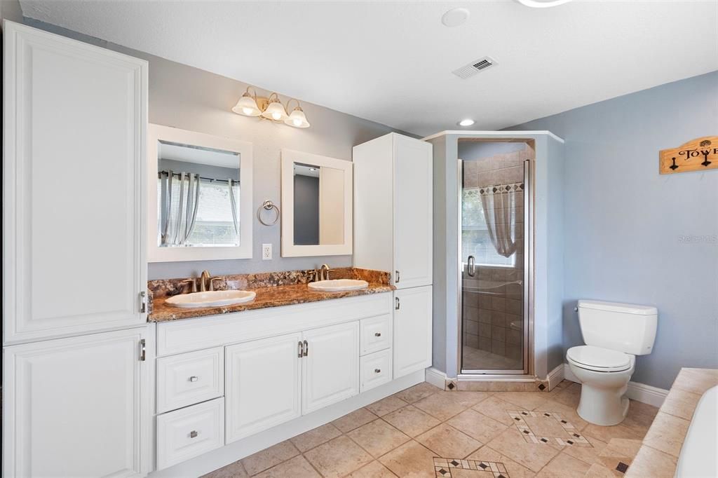 Bathroom, Dual Sink Vanities, Glass Shower, Interior, Recessed Lighting
