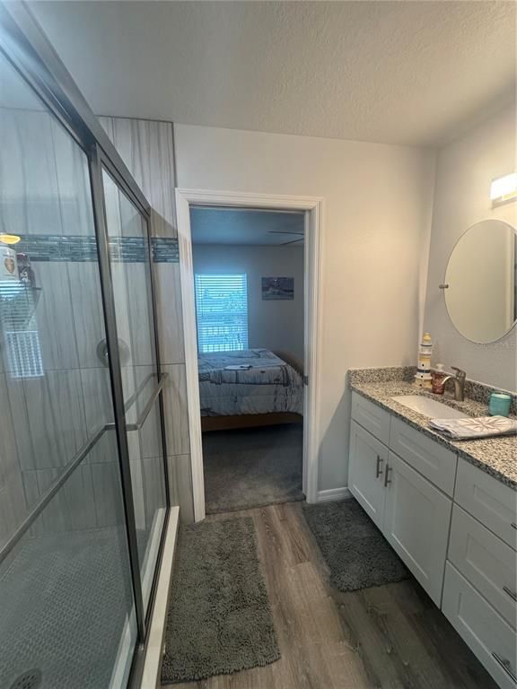 Bathroom, Bedroom, Glass Shower, Interior, Wood Texture Flooring