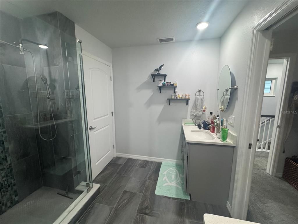 Bathroom, Glass Shower, Interior, Recessed Lighting, Wood Texture Flooring