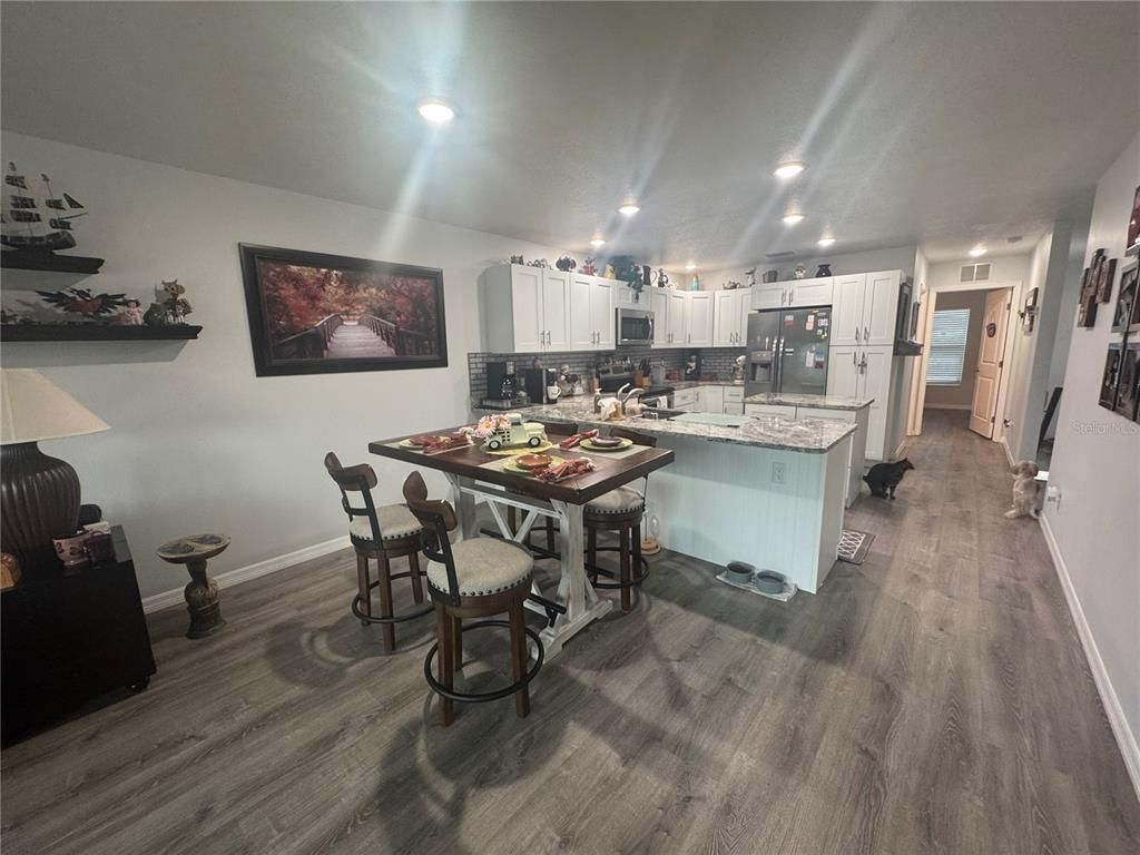 Dining room, Interior, Kitchen, Recessed Lighting, Wood Texture Flooring
