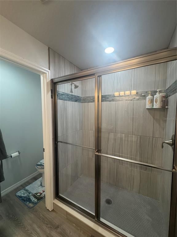 Bathroom, Glass Shower, Interior, Recessed Lighting, Wood Texture Flooring