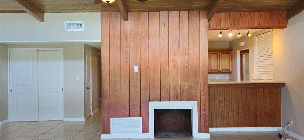 Empty room, Fireplace, Interior, Wooden Ceilings, Wooden Walls